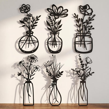 4Pcs Metal Flower Vase Wall Art, Pastel Yellow & Blue, 6.7" x 15" | Botanical Iron Wall Sculptures, Modern Farmhouse Floral, For Living Room Bedroom Home Decor