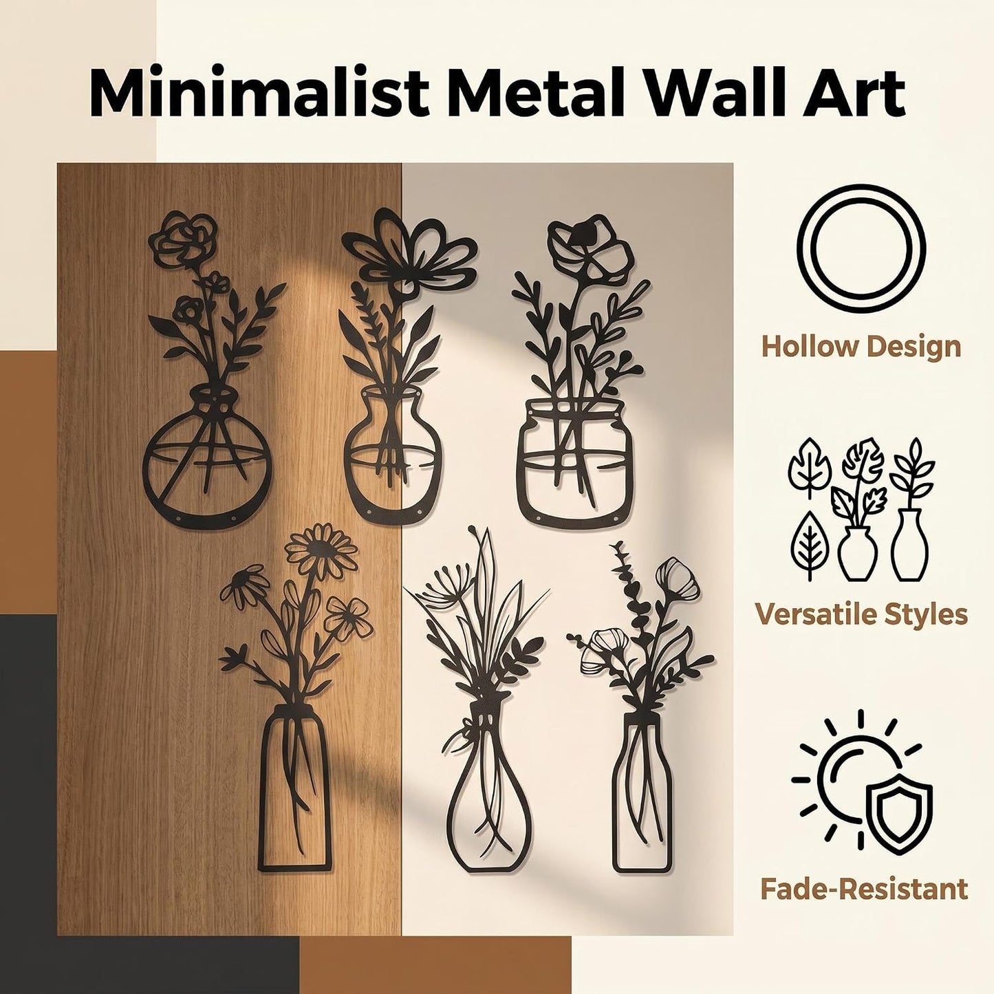 4Pcs Metal Flower Vase Wall Art, Pastel Yellow & Blue, 6.7" x 15" | Botanical Iron Wall Sculptures, Modern Farmhouse Floral, For Living Room Bedroom Home Decor