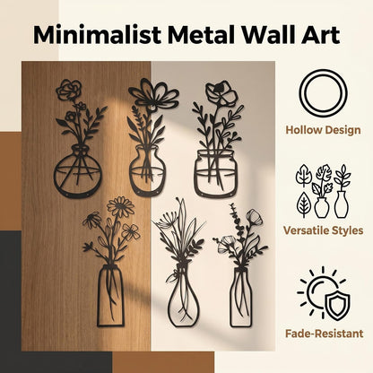 4Pcs Metal Flower Vase Wall Art, Pastel Yellow & Blue, 6.7" x 15" | Botanical Iron Wall Sculptures, Modern Farmhouse Floral, For Living Room Bedroom Home Decor