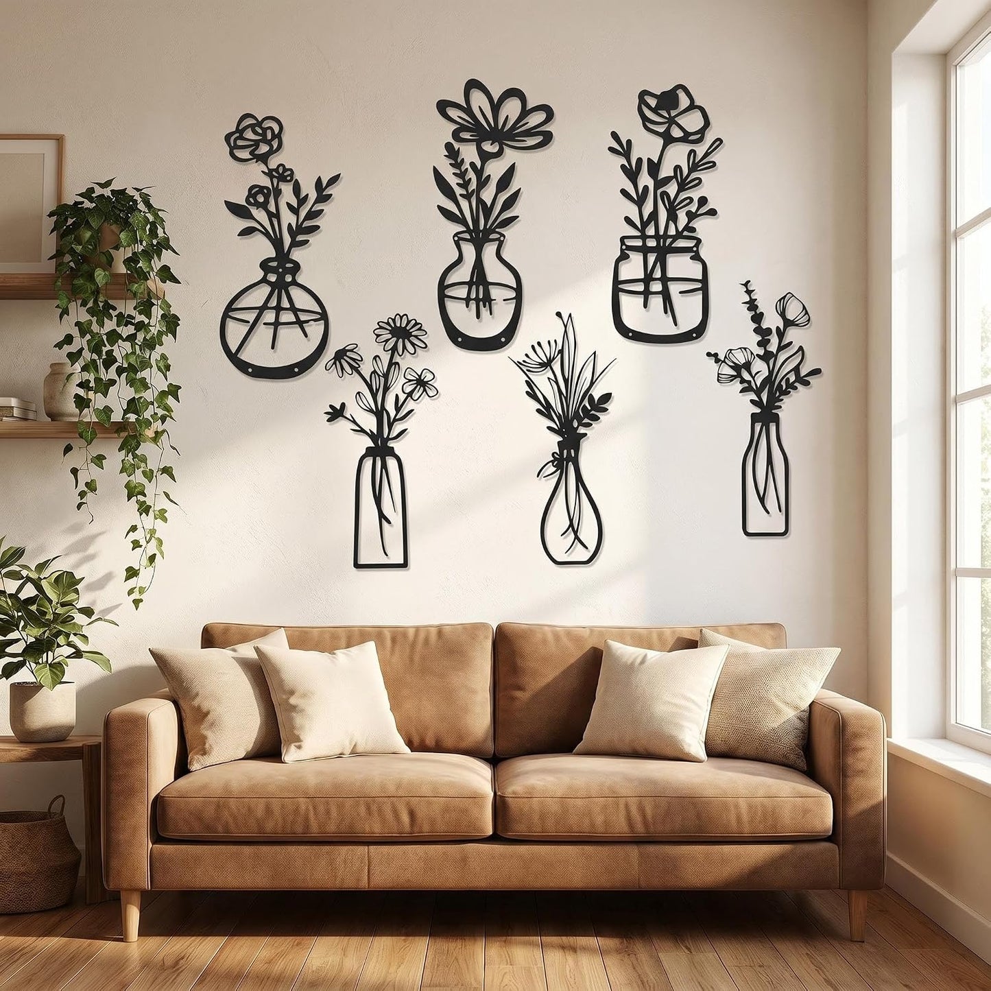4Pcs Metal Flower Vase Wall Art, Pastel Yellow & Blue, 6.7" x 15" | Botanical Iron Wall Sculptures, Modern Farmhouse Floral, For Living Room Bedroom Home Decor
