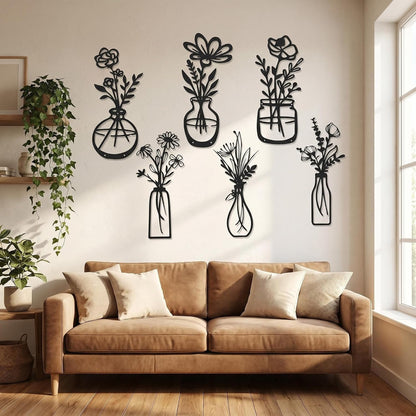 4Pcs Metal Flower Vase Wall Art, Pastel Yellow & Blue, 6.7" x 15" | Botanical Iron Wall Sculptures, Modern Farmhouse Floral, For Living Room Bedroom Home Decor