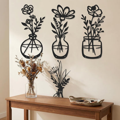 4Pcs Metal Flower Vase Wall Art, Pastel Yellow & Blue, 6.7" x 15" | Botanical Iron Wall Sculptures, Modern Farmhouse Floral, For Living Room Bedroom Home Decor