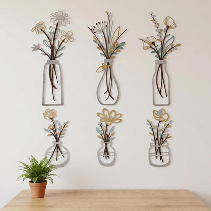 4Pcs Metal Flower Vase Wall Art, Pastel Yellow & Blue, 6.7" x 15" | Botanical Iron Wall Sculptures, Modern Farmhouse Floral, For Living Room Bedroom Home Decor