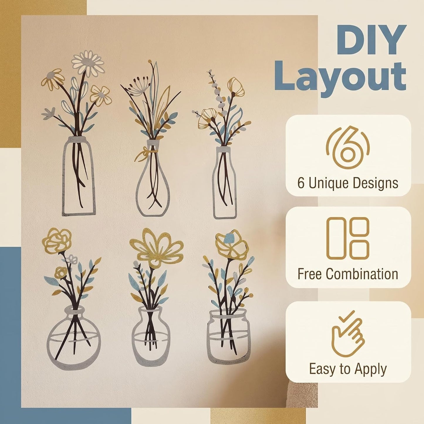 4Pcs Metal Flower Vase Wall Art, Pastel Yellow & Blue, 6.7" x 15" | Botanical Iron Wall Sculptures, Modern Farmhouse Floral, For Living Room Bedroom Home Decor