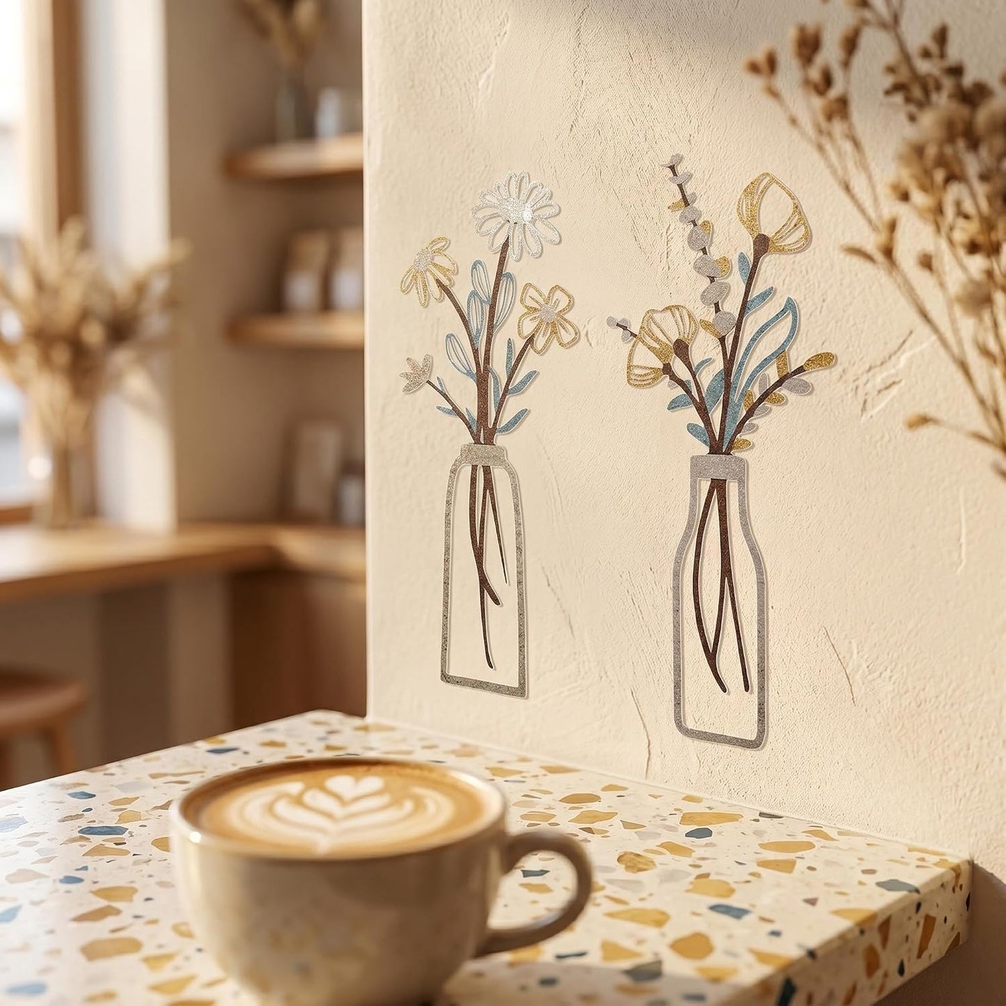 4Pcs Metal Flower Vase Wall Art, Pastel Yellow & Blue, 6.7" x 15" | Botanical Iron Wall Sculptures, Modern Farmhouse Floral, For Living Room Bedroom Home Decor