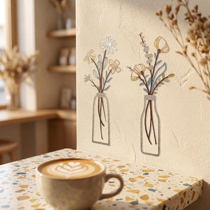 4Pcs Metal Flower Vase Wall Art, Pastel Yellow & Blue, 6.7" x 15" | Botanical Iron Wall Sculptures, Modern Farmhouse Floral, For Living Room Bedroom Home Decor