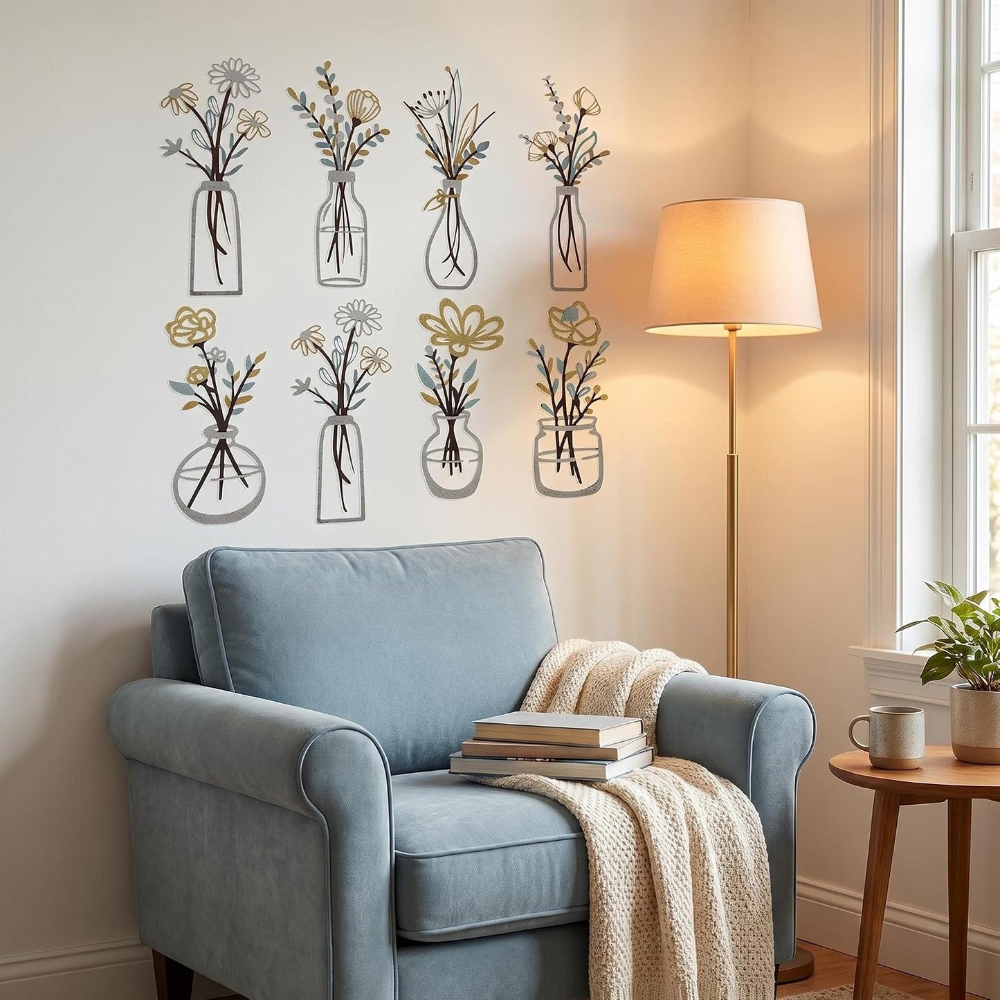 4Pcs Metal Flower Vase Wall Art, Pastel Yellow & Blue, 6.7" x 15" | Botanical Iron Wall Sculptures, Modern Farmhouse Floral, For Living Room Bedroom Home Decor