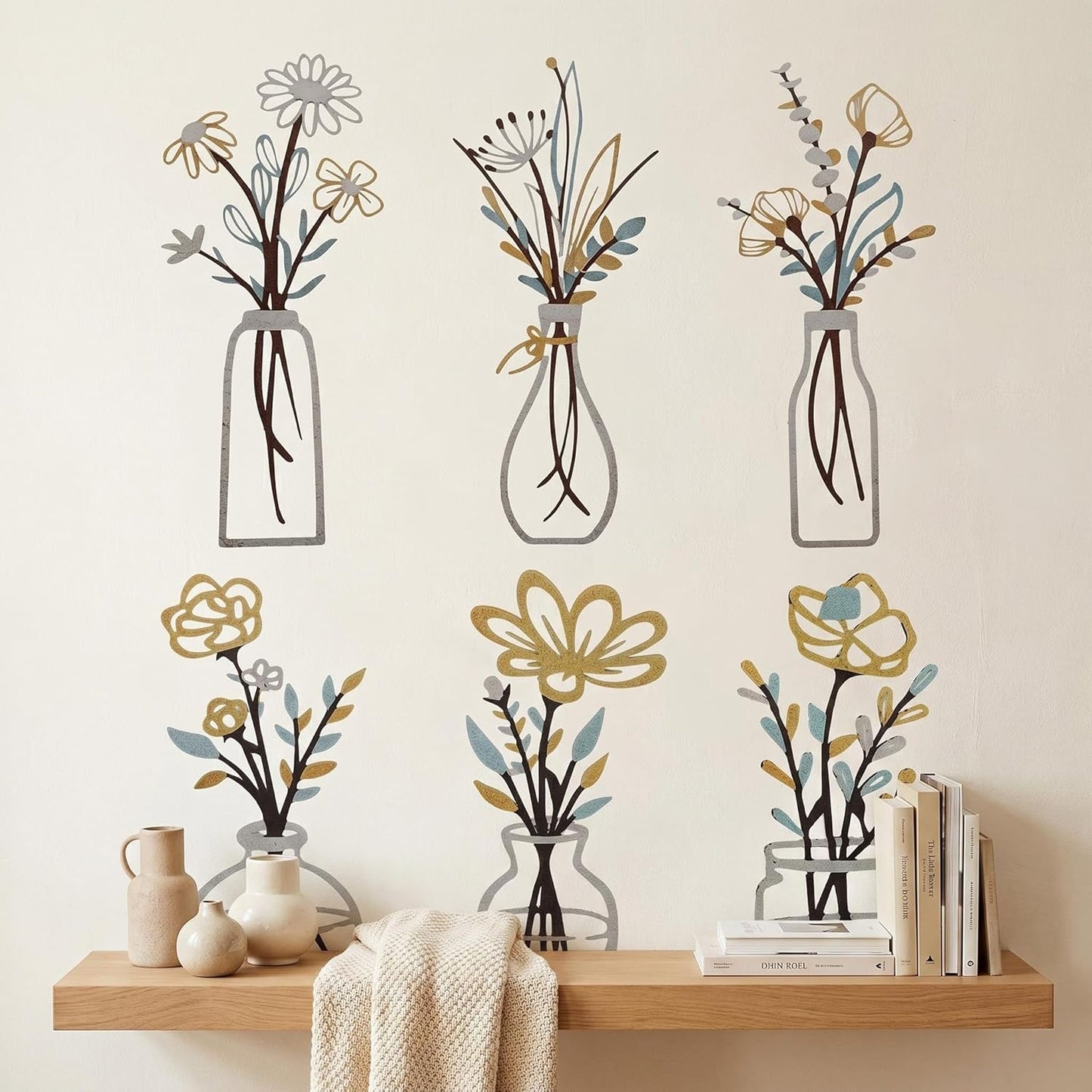 4Pcs Metal Flower Vase Wall Art, Pastel Yellow & Blue, 6.7" x 15" | Botanical Iron Wall Sculptures, Modern Farmhouse Floral, For Living Room Bedroom Home Decor
