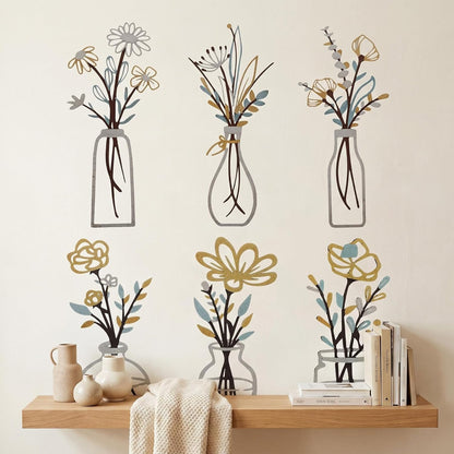 4Pcs Metal Flower Vase Wall Art, Pastel Yellow & Blue, 6.7" x 15" | Botanical Iron Wall Sculptures, Modern Farmhouse Floral, For Living Room Bedroom Home Decor