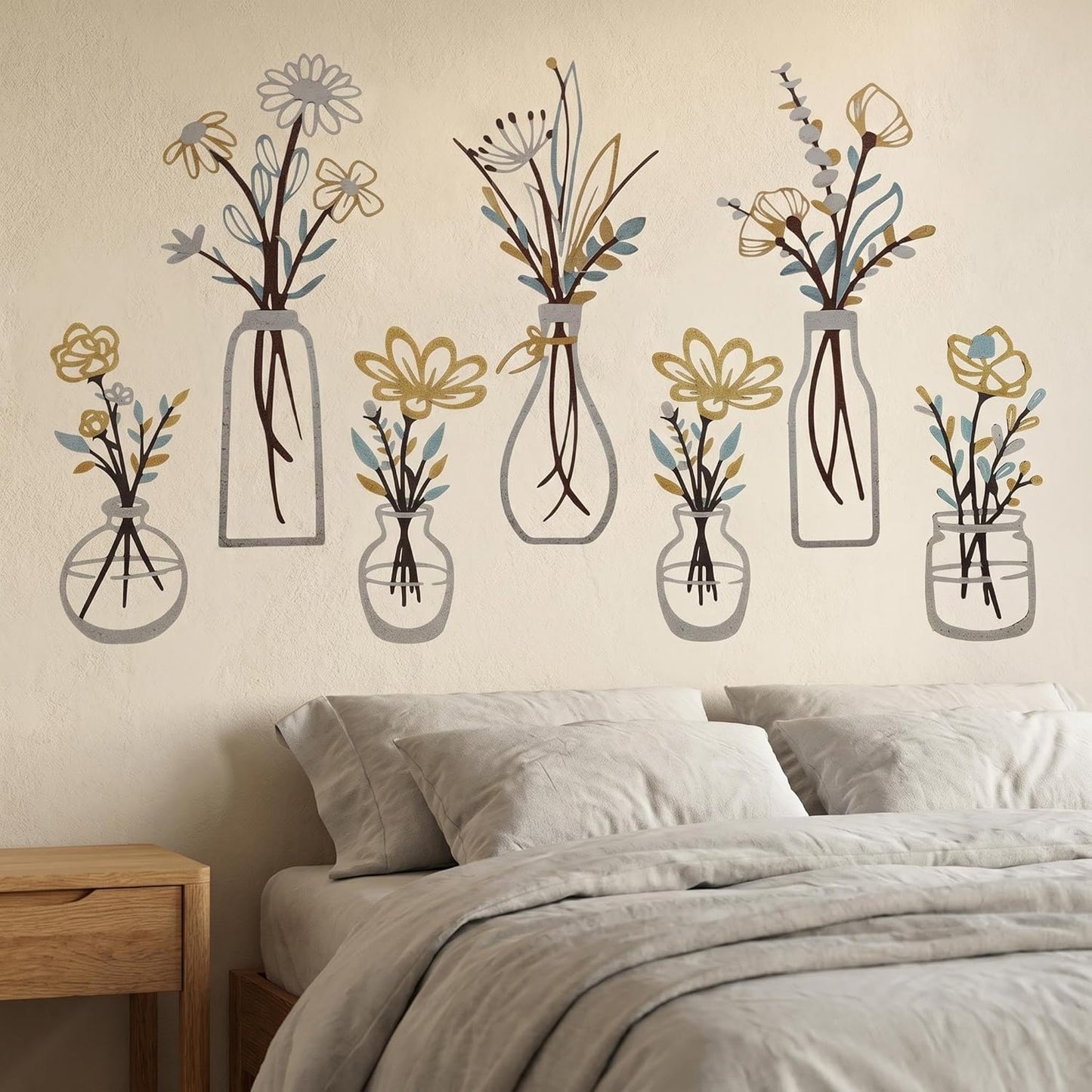 4Pcs Metal Flower Vase Wall Art, Pastel Yellow & Blue, 6.7" x 15" | Botanical Iron Wall Sculptures, Modern Farmhouse Floral, For Living Room Bedroom Home Decor