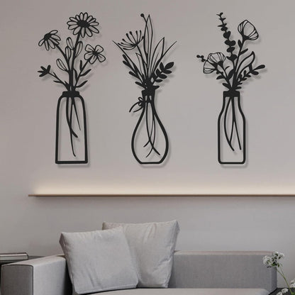 4Pcs Metal Flower Vase Wall Art, Pastel Yellow & Blue, 6.7" x 15" | Botanical Iron Wall Sculptures, Modern Farmhouse Floral, For Living Room Bedroom Home Decor