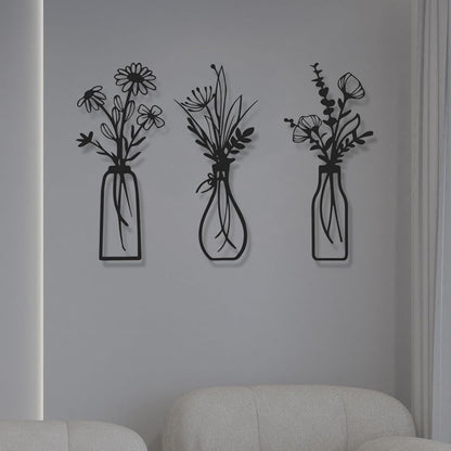 4Pcs Metal Flower Vase Wall Art, Pastel Yellow & Blue, 6.7" x 15" | Botanical Iron Wall Sculptures, Modern Farmhouse Floral, For Living Room Bedroom Home Decor