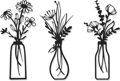 4Pcs Metal Flower Vase Wall Art, Pastel Yellow & Blue, 6.7" x 15" | Botanical Iron Wall Sculptures, Modern Farmhouse Floral, For Living Room Bedroom Home Decor
