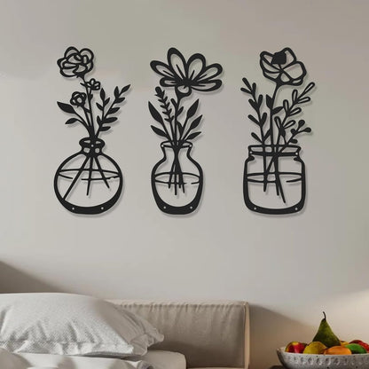 4Pcs Metal Flower Vase Wall Art, Pastel Yellow & Blue, 6.7" x 15" | Botanical Iron Wall Sculptures, Modern Farmhouse Floral, For Living Room Bedroom Home Decor