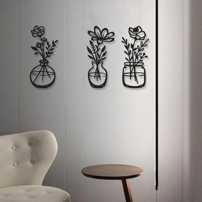 4Pcs Metal Flower Vase Wall Art, Pastel Yellow & Blue, 6.7" x 15" | Botanical Iron Wall Sculptures, Modern Farmhouse Floral, For Living Room Bedroom Home Decor