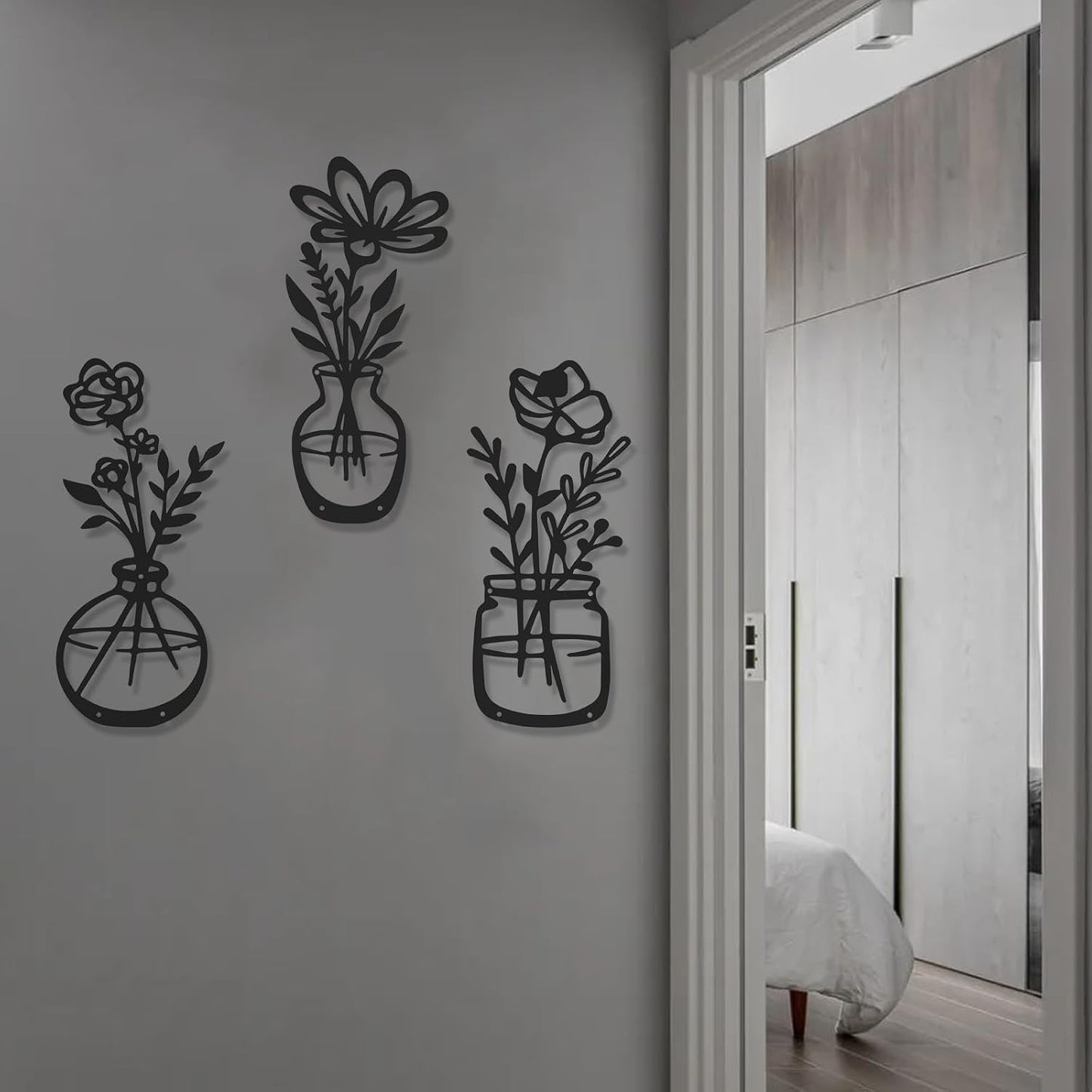 4Pcs Metal Flower Vase Wall Art, Pastel Yellow & Blue, 6.7" x 15" | Botanical Iron Wall Sculptures, Modern Farmhouse Floral, For Living Room Bedroom Home Decor