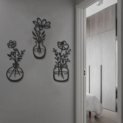 4Pcs Metal Flower Vase Wall Art, Pastel Yellow & Blue, 6.7" x 15" | Botanical Iron Wall Sculptures, Modern Farmhouse Floral, For Living Room Bedroom Home Decor