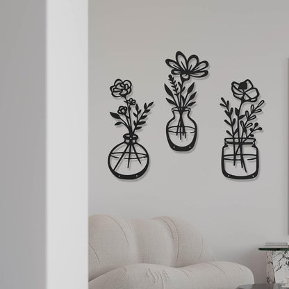 4Pcs Metal Flower Vase Wall Art, Pastel Yellow & Blue, 6.7" x 15" | Botanical Iron Wall Sculptures, Modern Farmhouse Floral, For Living Room Bedroom Home Decor