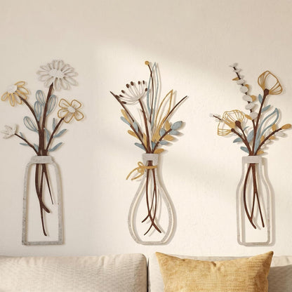 4Pcs Metal Flower Vase Wall Art, Pastel Yellow & Blue, 6.7" x 15" | Botanical Iron Wall Sculptures, Modern Farmhouse Floral, For Living Room Bedroom Home Decor