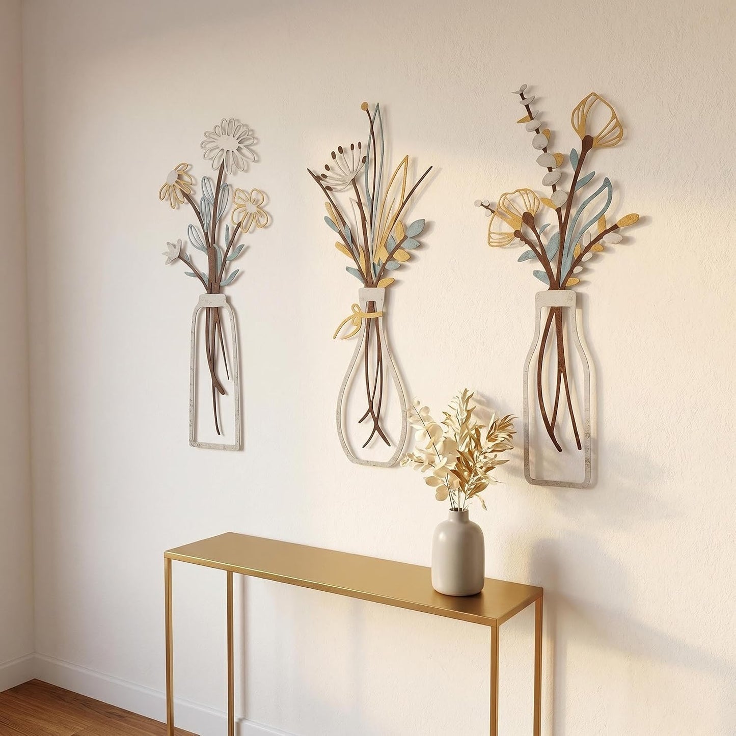 4Pcs Metal Flower Vase Wall Art, Pastel Yellow & Blue, 6.7" x 15" | Botanical Iron Wall Sculptures, Modern Farmhouse Floral, For Living Room Bedroom Home Decor