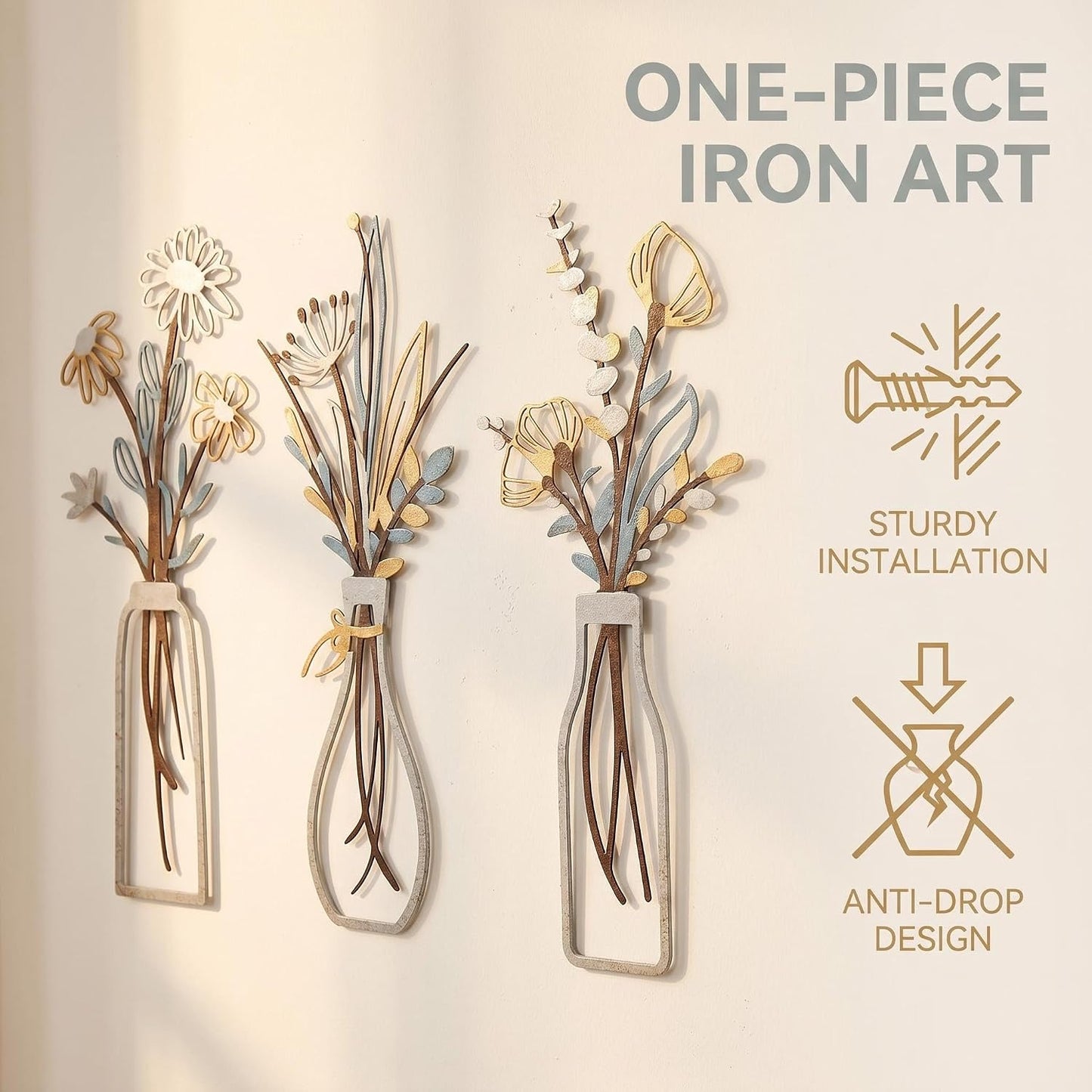 4Pcs Metal Flower Vase Wall Art, Pastel Yellow & Blue, 6.7" x 15" | Botanical Iron Wall Sculptures, Modern Farmhouse Floral, For Living Room Bedroom Home Decor