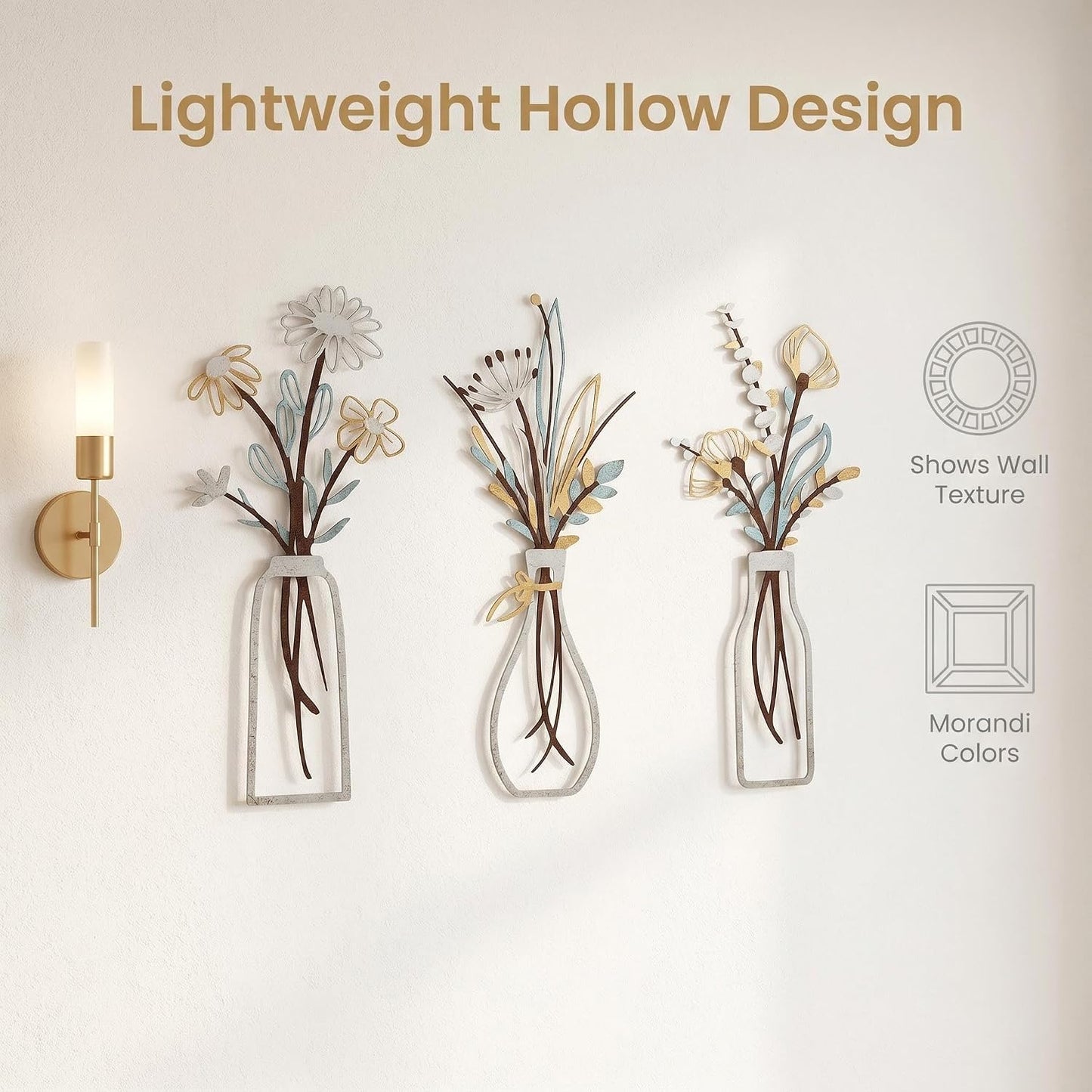 4Pcs Metal Flower Vase Wall Art, Pastel Yellow & Blue, 6.7" x 15" | Botanical Iron Wall Sculptures, Modern Farmhouse Floral, For Living Room Bedroom Home Decor