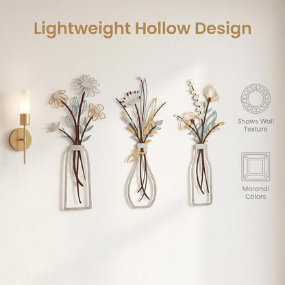 4Pcs Metal Flower Vase Wall Art, Pastel Yellow & Blue, 6.7" x 15" | Botanical Iron Wall Sculptures, Modern Farmhouse Floral, For Living Room Bedroom Home Decor