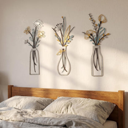 4Pcs Metal Flower Vase Wall Art, Pastel Yellow & Blue, 6.7" x 15" | Botanical Iron Wall Sculptures, Modern Farmhouse Floral, For Living Room Bedroom Home Decor