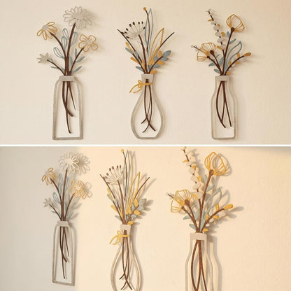 4Pcs Metal Flower Vase Wall Art, Pastel Yellow & Blue, 6.7" x 15" | Botanical Iron Wall Sculptures, Modern Farmhouse Floral, For Living Room Bedroom Home Decor