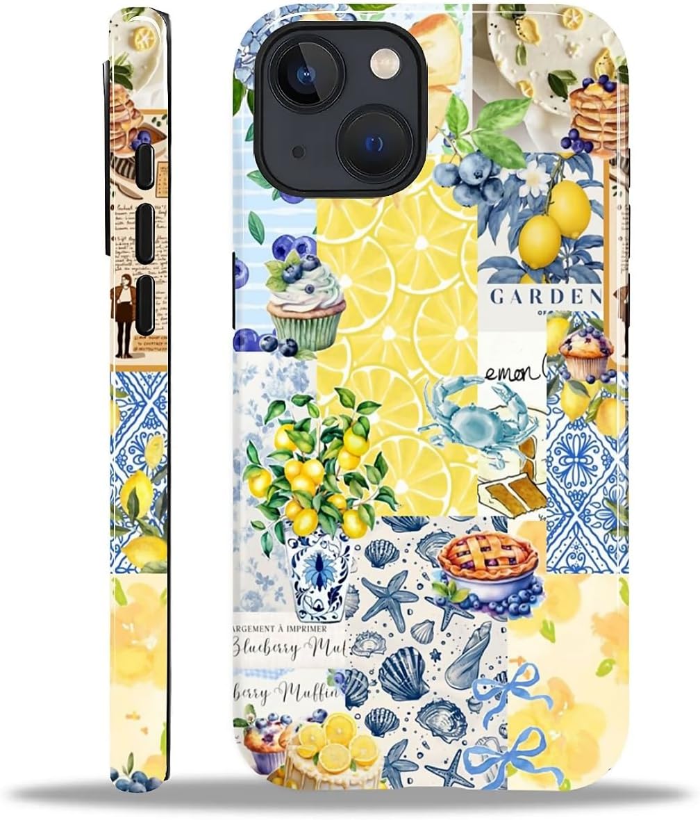 Compatible with iPhone 15 Case - Dual-Layer Protection, Hard Shell with Silicone Interior,Slim Scratch Resistant Shockproof for Woman Men - Shell Lemon Collage