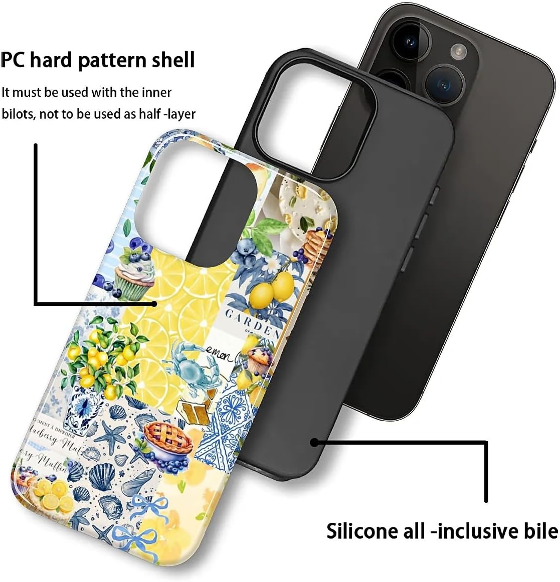 Compatible with iPhone 15 Case - Dual-Layer Protection, Hard Shell with Silicone Interior,Slim Scratch Resistant Shockproof for Woman Men - Shell Lemon Collage