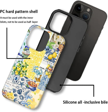 Compatible with iPhone 15 Case - Dual-Layer Protection, Hard Shell with Silicone Interior,Slim Scratch Resistant Shockproof for Woman Men - Shell Lemon Collage