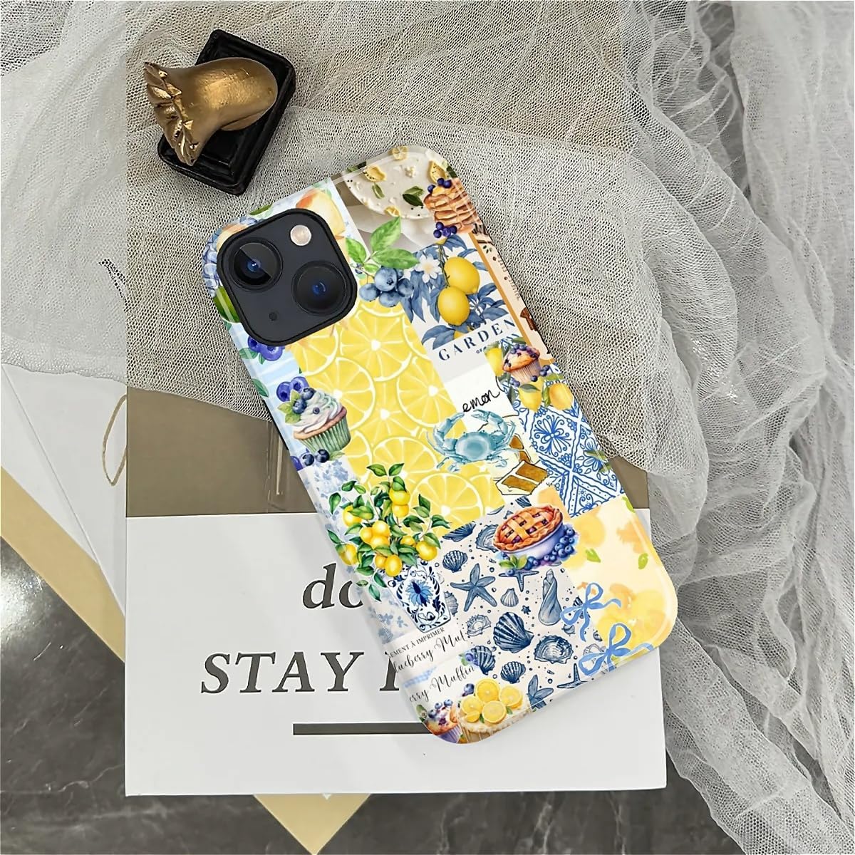 Compatible with iPhone 15 Case - Dual-Layer Protection, Hard Shell with Silicone Interior,Slim Scratch Resistant Shockproof for Woman Men - Shell Lemon Collage