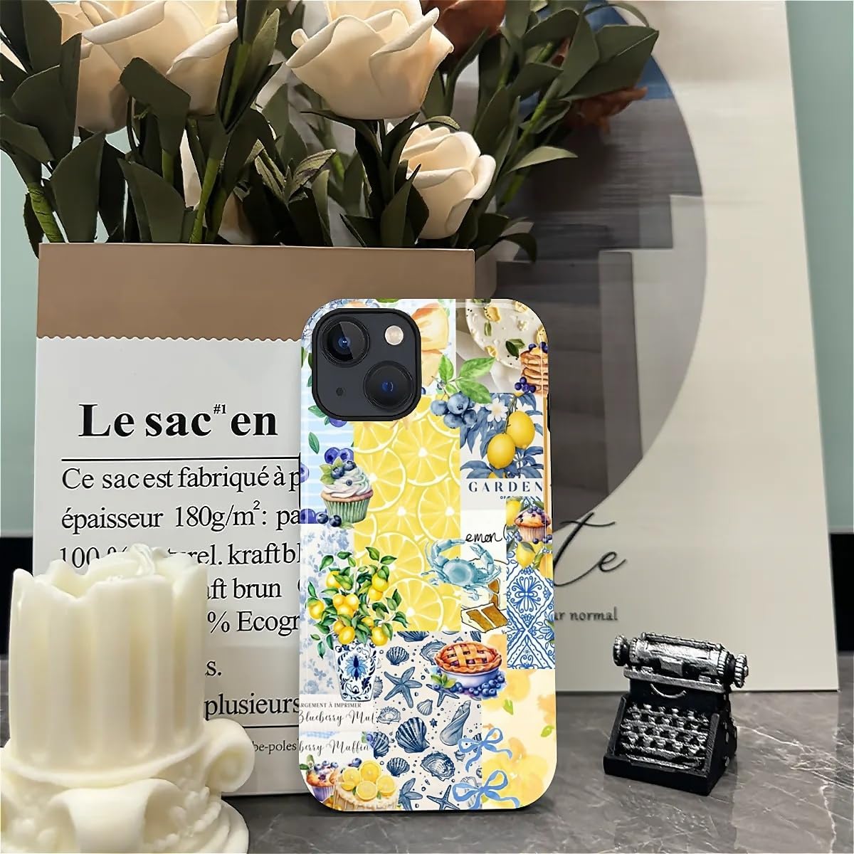 Compatible with iPhone 15 Case - Dual-Layer Protection, Hard Shell with Silicone Interior,Slim Scratch Resistant Shockproof for Woman Men - Shell Lemon Collage