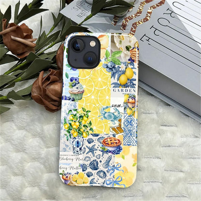 Compatible with iPhone 15 Case - Dual-Layer Protection, Hard Shell with Silicone Interior,Slim Scratch Resistant Shockproof for Woman Men - Shell Lemon Collage