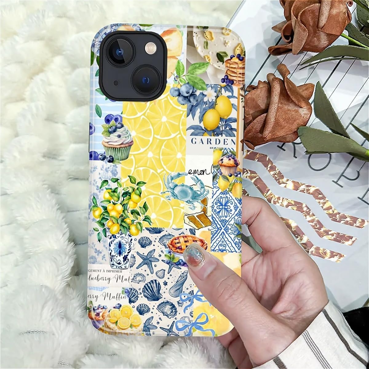 Compatible with iPhone 15 Case - Dual-Layer Protection, Hard Shell with Silicone Interior,Slim Scratch Resistant Shockproof for Woman Men - Shell Lemon Collage