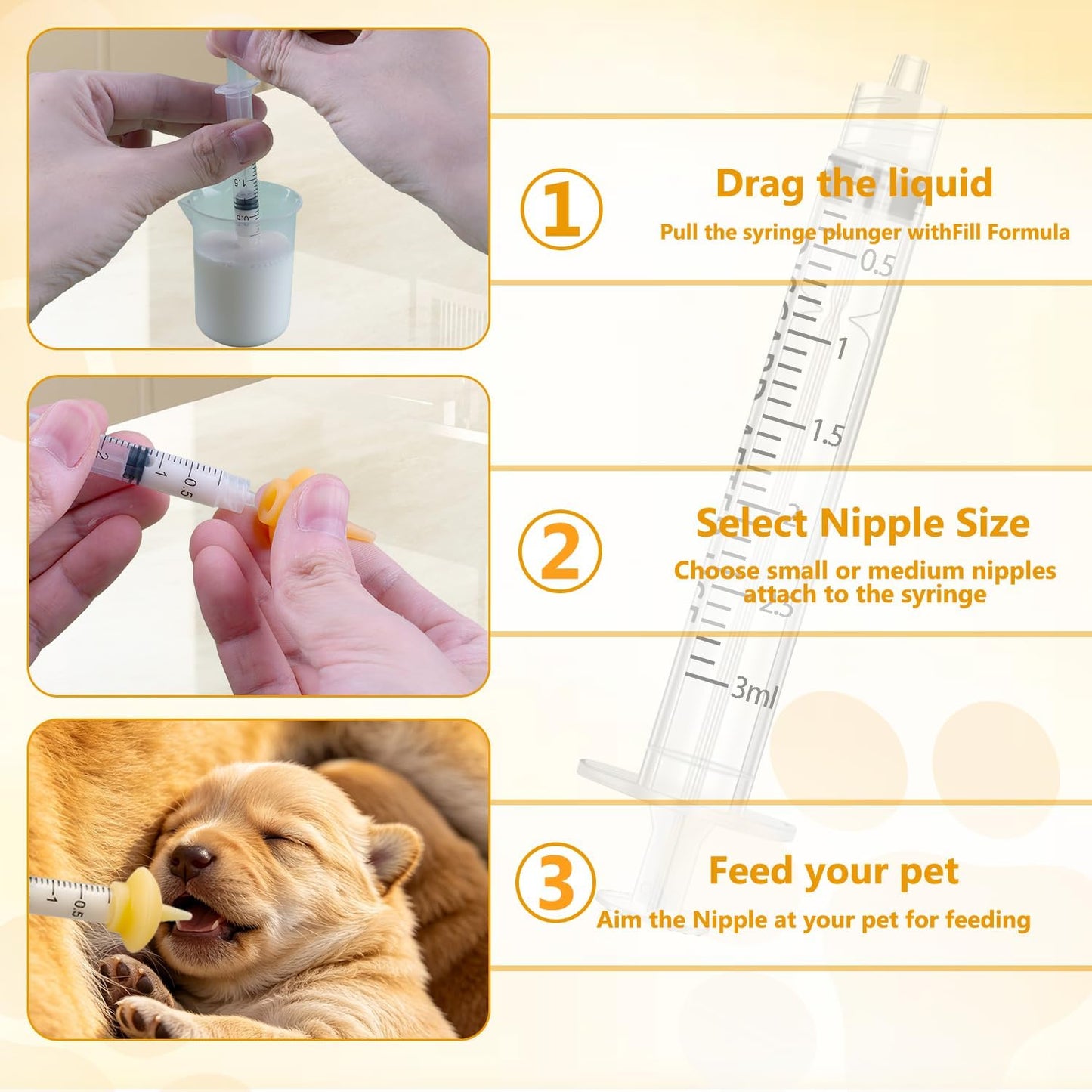 Kitten Silicone Bottle Feeding Kit Nipple Kittens Syringe,Nipple & Feeding Kits, Reusable Newborn Kitten Supplies, Suitable for Feeding, Puppy, Rabbit,Hamster (Yellow)