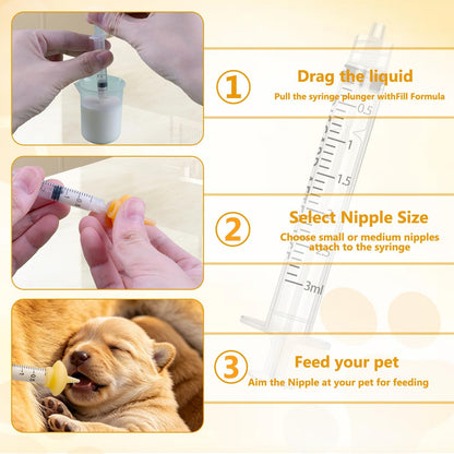 Kitten Silicone Bottle Feeding Kit Nipple Kittens Syringe,Nipple & Feeding Kits, Reusable Newborn Kitten Supplies, Suitable for Feeding, Puppy, Rabbit,Hamster (Yellow)