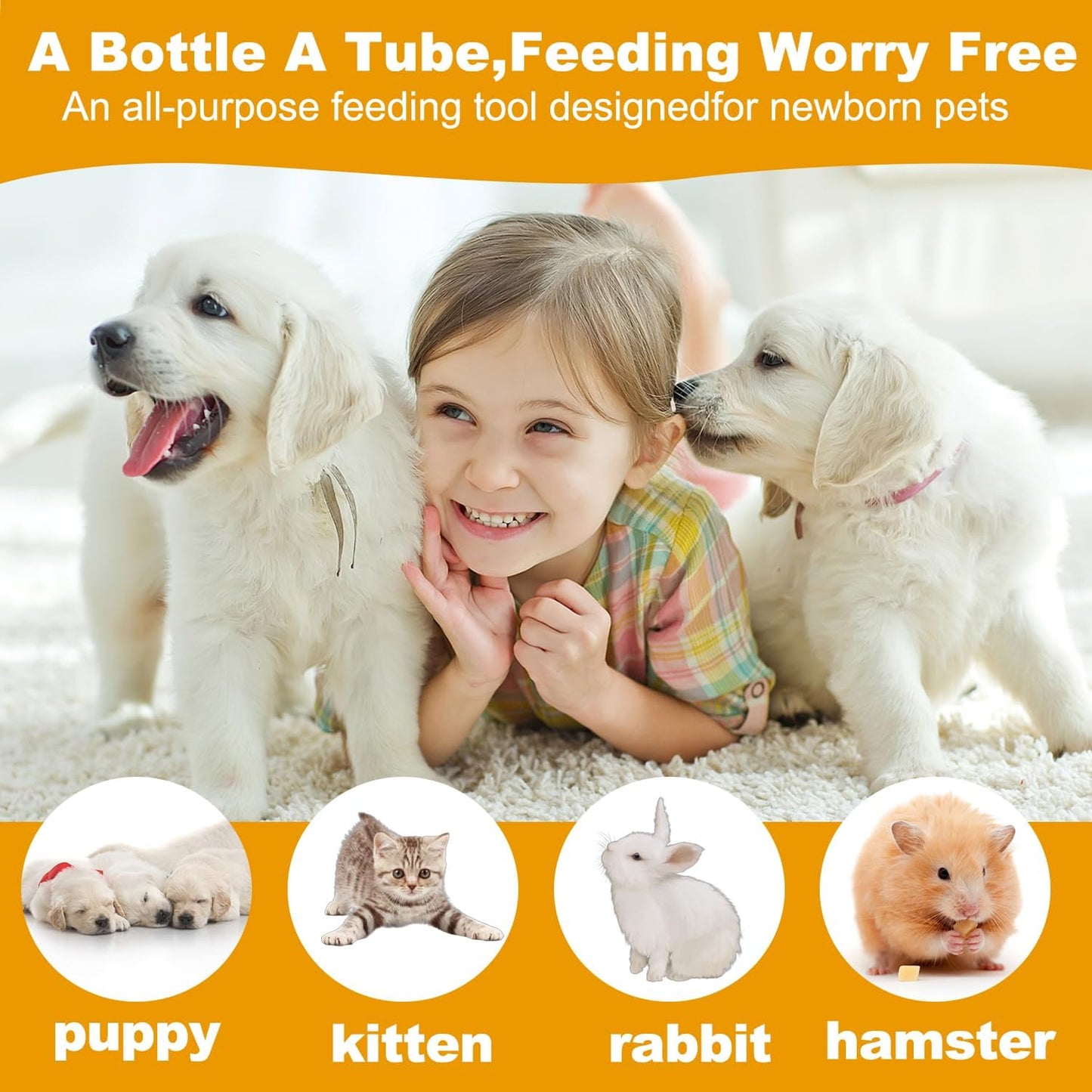 Kitten Silicone Bottle Feeding Kit Nipple Kittens Syringe,Nipple & Feeding Kits, Reusable Newborn Kitten Supplies, Suitable for Feeding, Puppy, Rabbit,Hamster (Yellow)