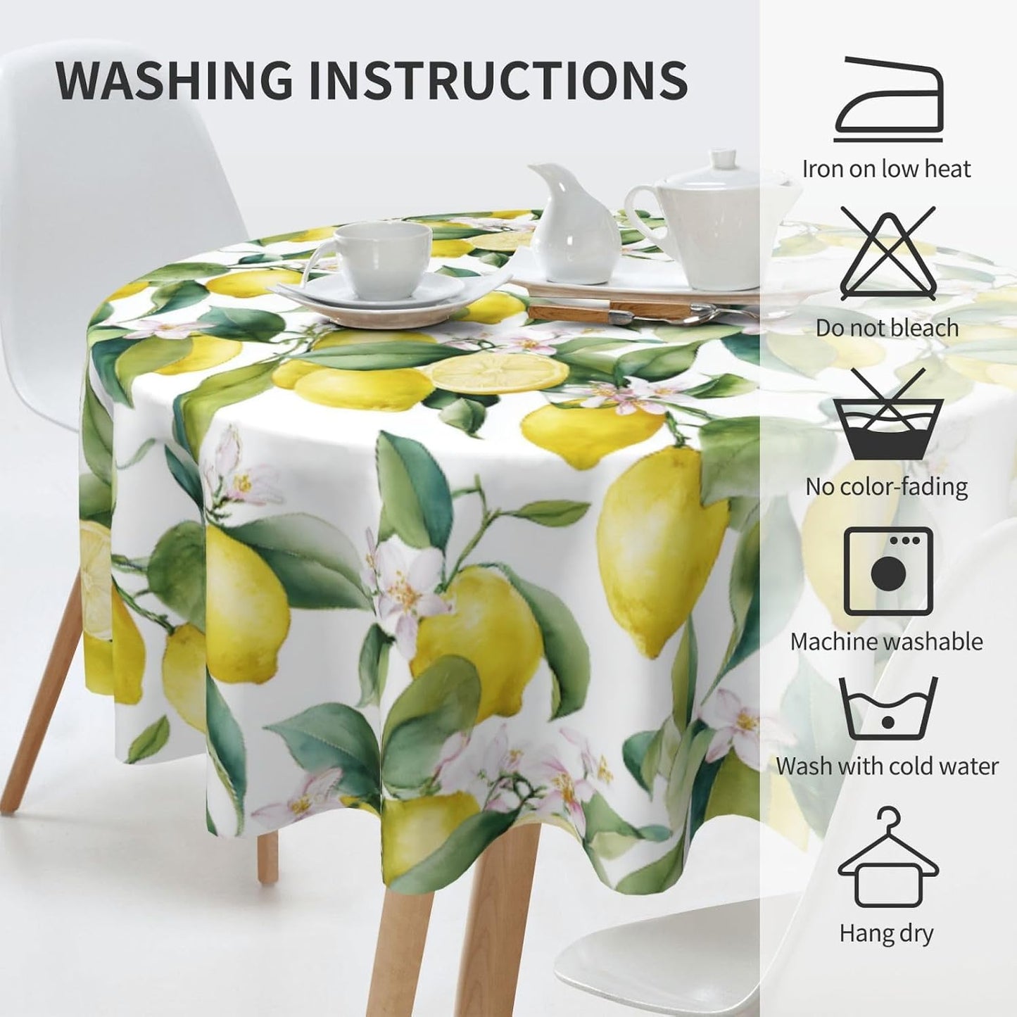 Lemon Round Tablecloth Waterproof Fabric Table Cover Washable 60” Table Cloth for Kitchen Dining Room Party Picnic