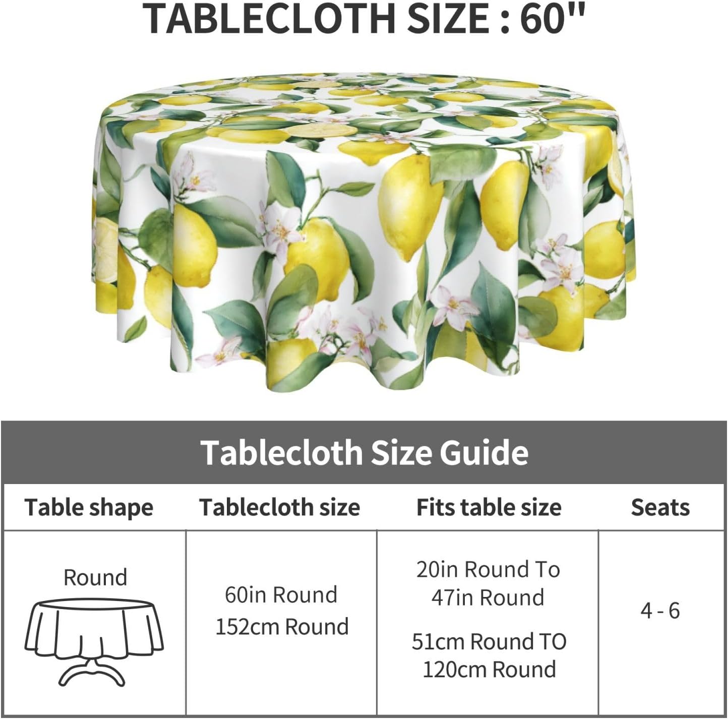 Lemon Round Tablecloth Waterproof Fabric Table Cover Washable 60” Table Cloth for Kitchen Dining Room Party Picnic