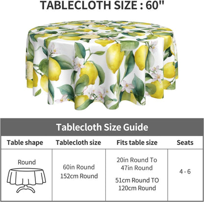 Lemon Round Tablecloth Waterproof Fabric Table Cover Washable 60” Table Cloth for Kitchen Dining Room Party Picnic