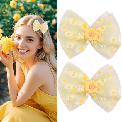2Pcs Yellow Daisy Bow Hair Clip,Spring Flower Bow Alligator Clips for Girls,White Daisy Print Hair Clip Design,Women Hair Accessories for Spring Summer Theme Party,Birthday Party (Yellow)