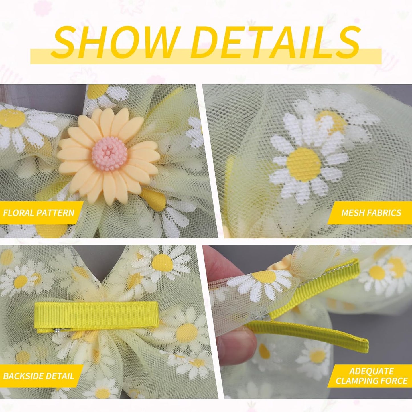 2Pcs Yellow Daisy Bow Hair Clip,Spring Flower Bow Alligator Clips for Girls,White Daisy Print Hair Clip Design,Women Hair Accessories for Spring Summer Theme Party,Birthday Party (Yellow)