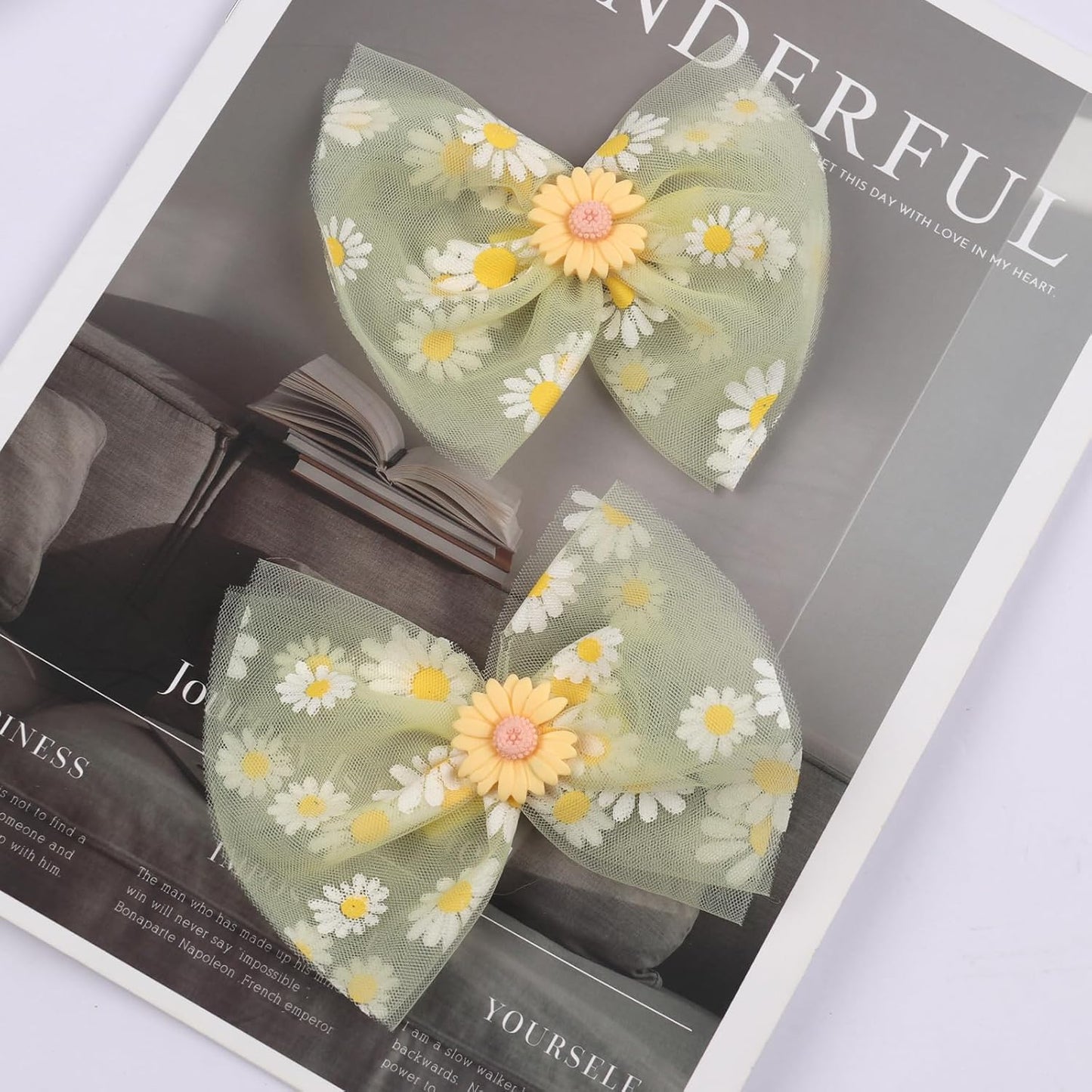 2Pcs Yellow Daisy Bow Hair Clip,Spring Flower Bow Alligator Clips for Girls,White Daisy Print Hair Clip Design,Women Hair Accessories for Spring Summer Theme Party,Birthday Party (Yellow)