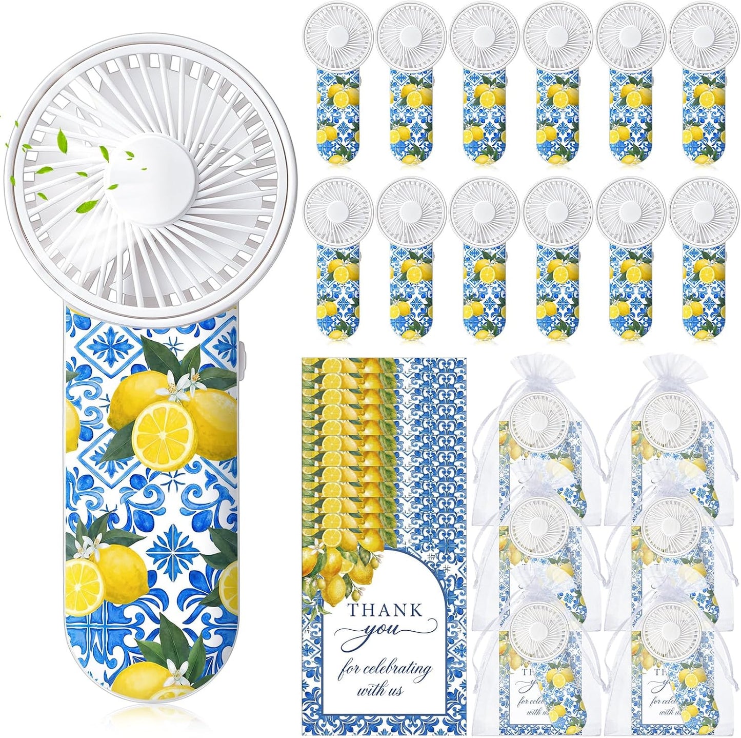 12 Set Capri Lemon Party Decoration Wedding Fans for Guests Portable Mini Handheld Fans Bulk Lanyard Amalfi Coast Favor Lemon Gift Bags Wedding Thank You Gifts for Bridal Shower Party