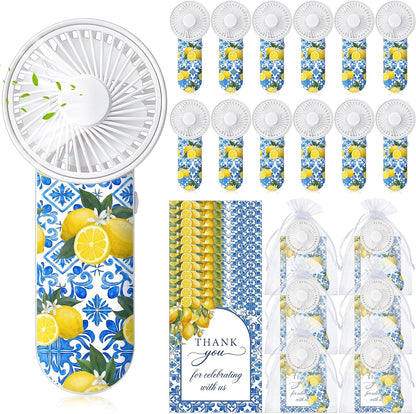 12 Set Capri Lemon Party Decoration Wedding Fans for Guests Portable Mini Handheld Fans Bulk Lanyard Amalfi Coast Favor Lemon Gift Bags Wedding Thank You Gifts for Bridal Shower Party