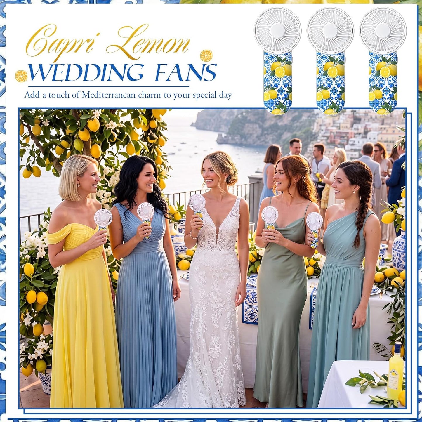 12 Set Capri Lemon Party Decoration Wedding Fans for Guests Portable Mini Handheld Fans Bulk Lanyard Amalfi Coast Favor Lemon Gift Bags Wedding Thank You Gifts for Bridal Shower Party