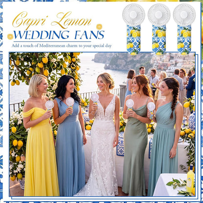 12 Set Capri Lemon Party Decoration Wedding Fans for Guests Portable Mini Handheld Fans Bulk Lanyard Amalfi Coast Favor Lemon Gift Bags Wedding Thank You Gifts for Bridal Shower Party