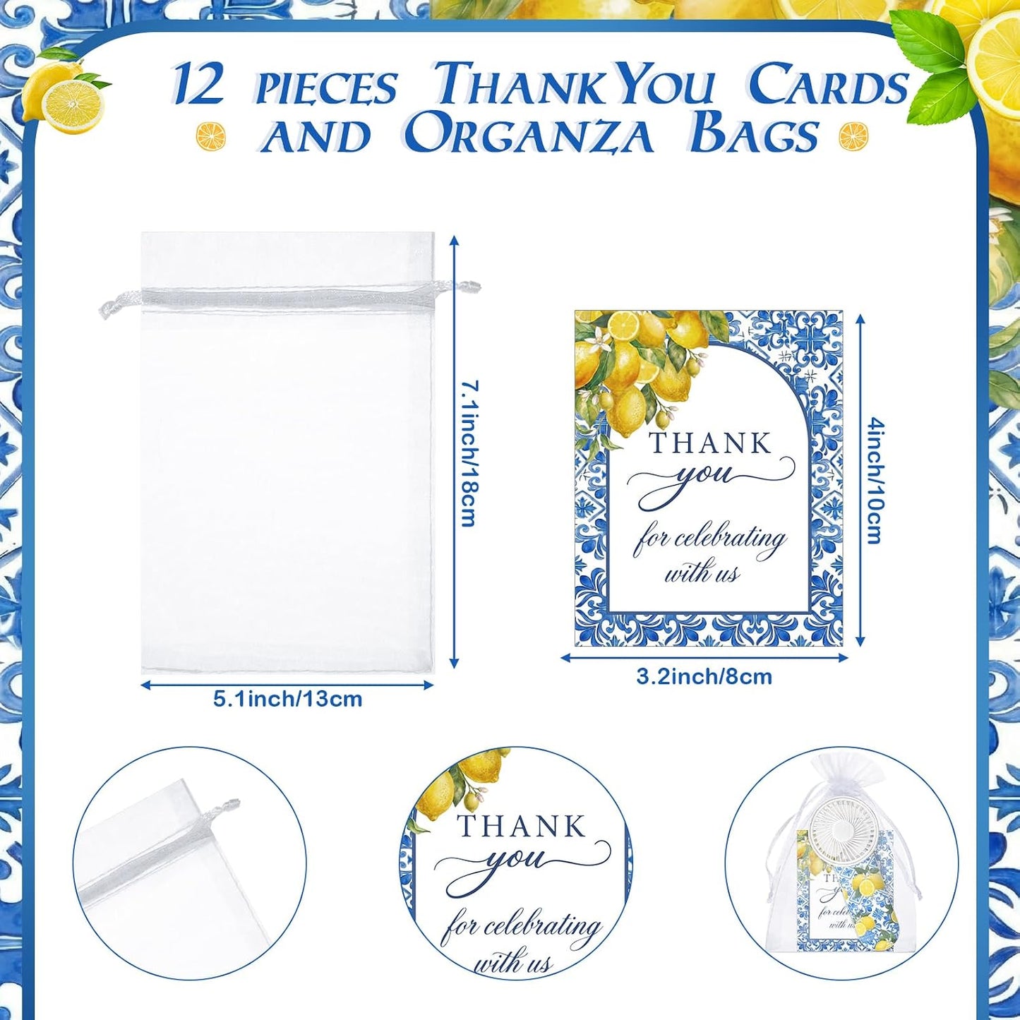 12 Set Capri Lemon Party Decoration Wedding Fans for Guests Portable Mini Handheld Fans Bulk Lanyard Amalfi Coast Favor Lemon Gift Bags Wedding Thank You Gifts for Bridal Shower Party